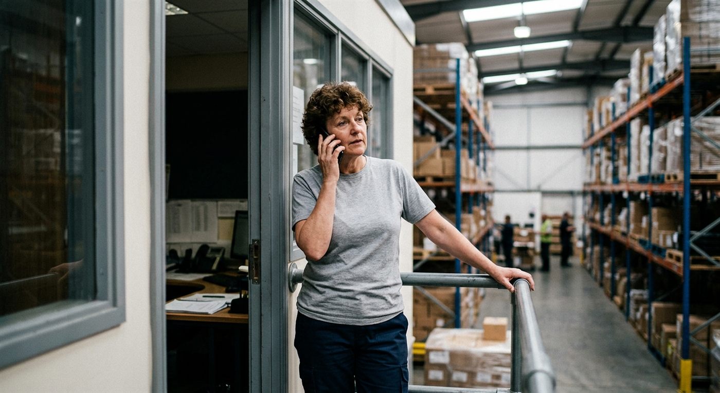 Consultant taking a client call from the warehouse floor